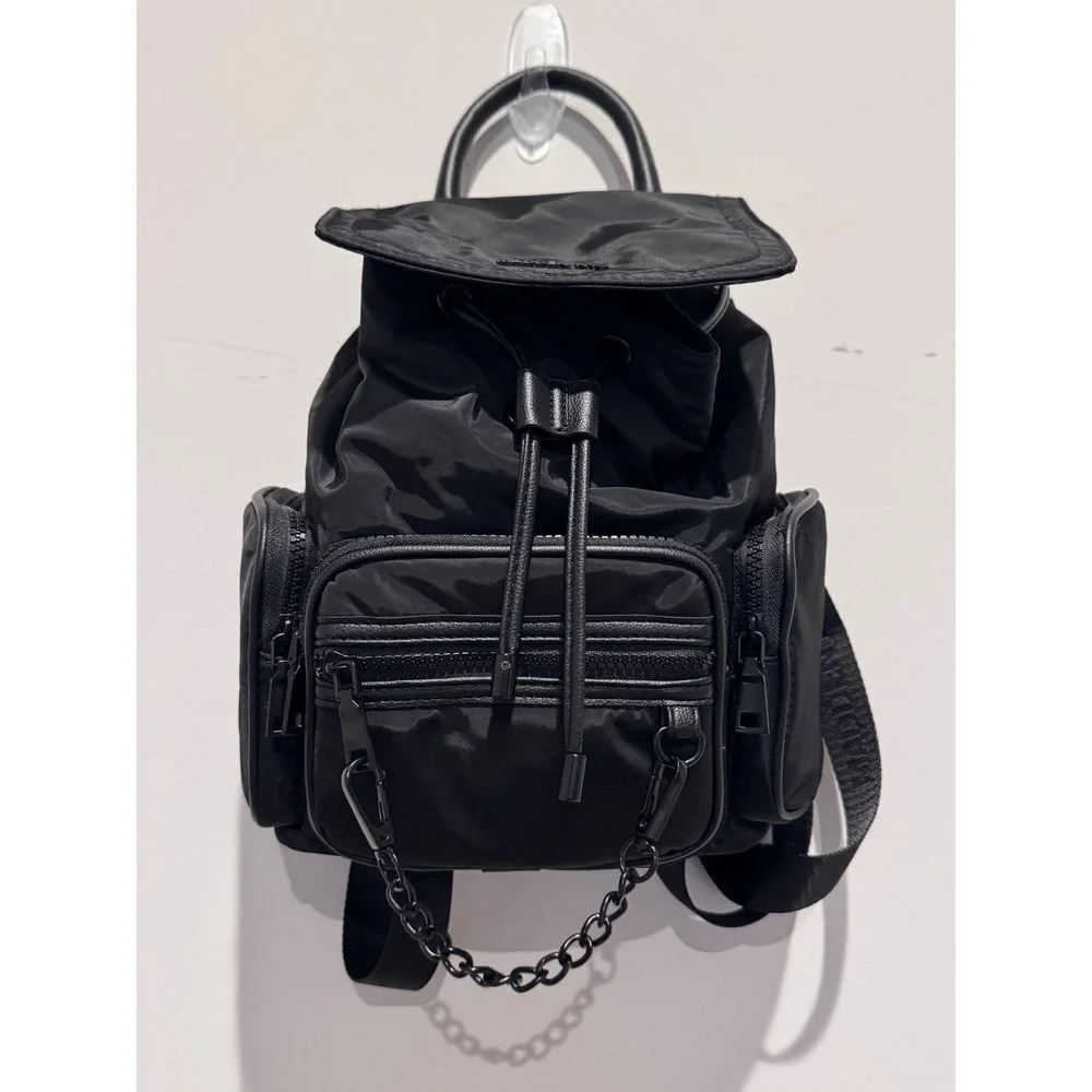 Madden NYC Black Nylon Mini Backpack with Chain Detail and Branded Straps